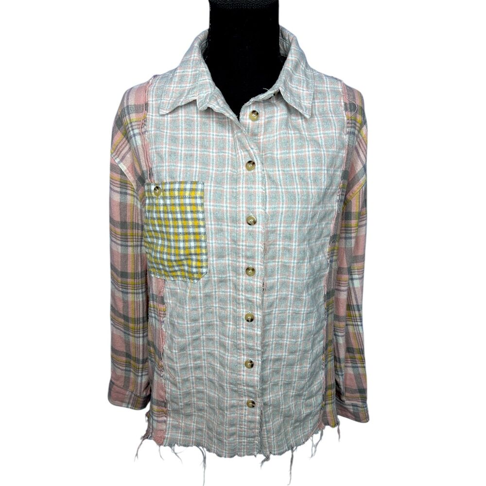 Womens Patchwork Plaid Cotton Shirt Sz S Frayed Distressed Boho Grunge Pastel